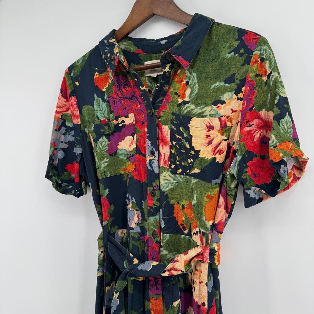 Sezane Adele Floral Dress Womens 42 (US 10) Midi Belted Multicolor Short Sleeve